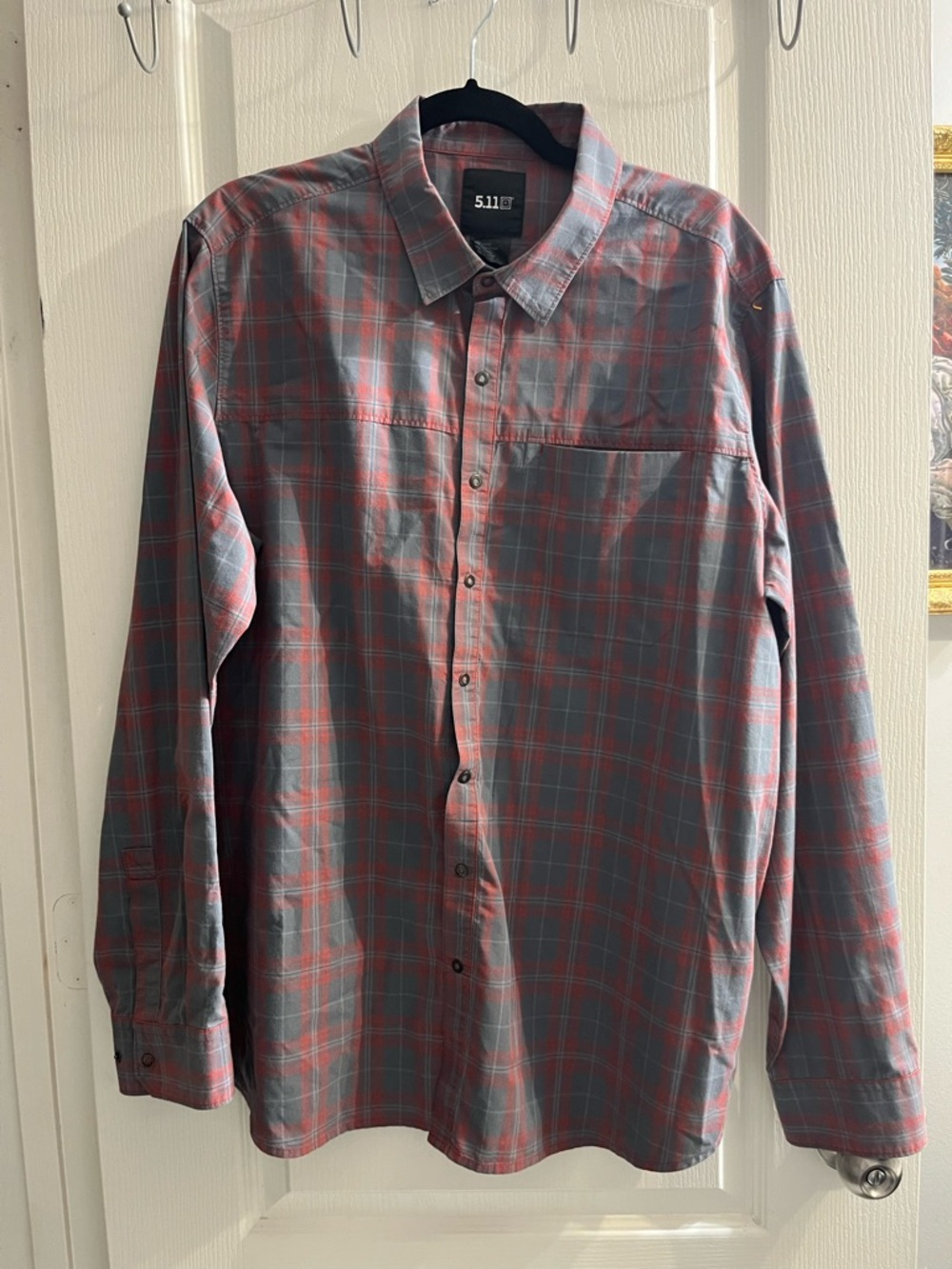 5.11 Men's L Plaid Button-Up Shirt Long Sleeve Gray Red